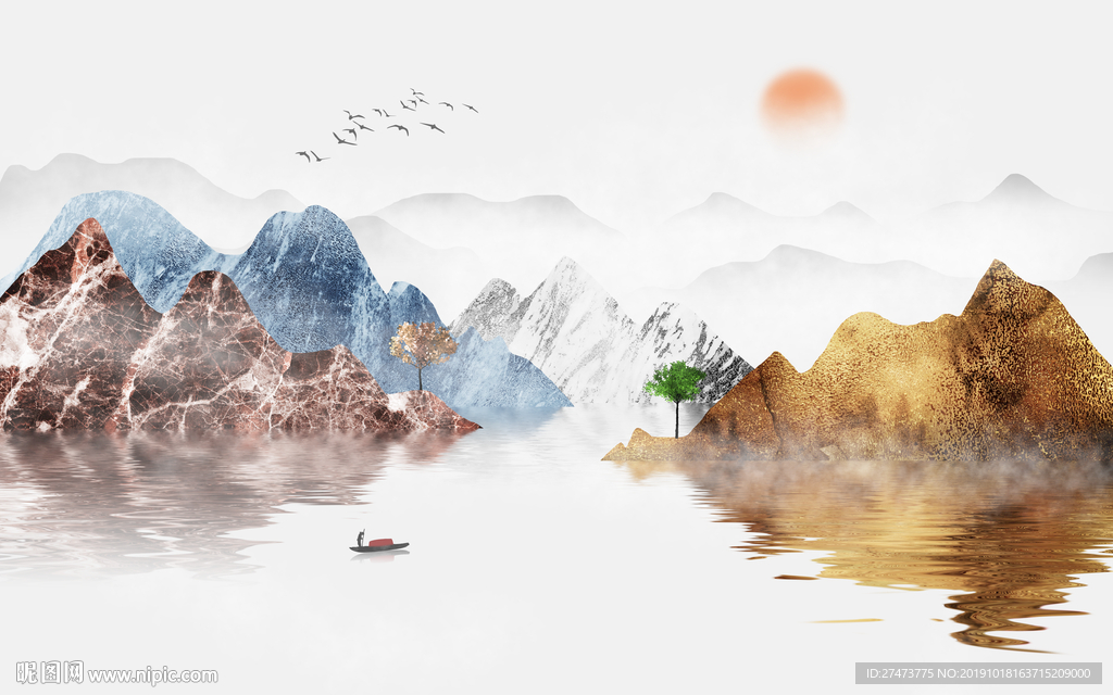 轻奢金色山水背景墙