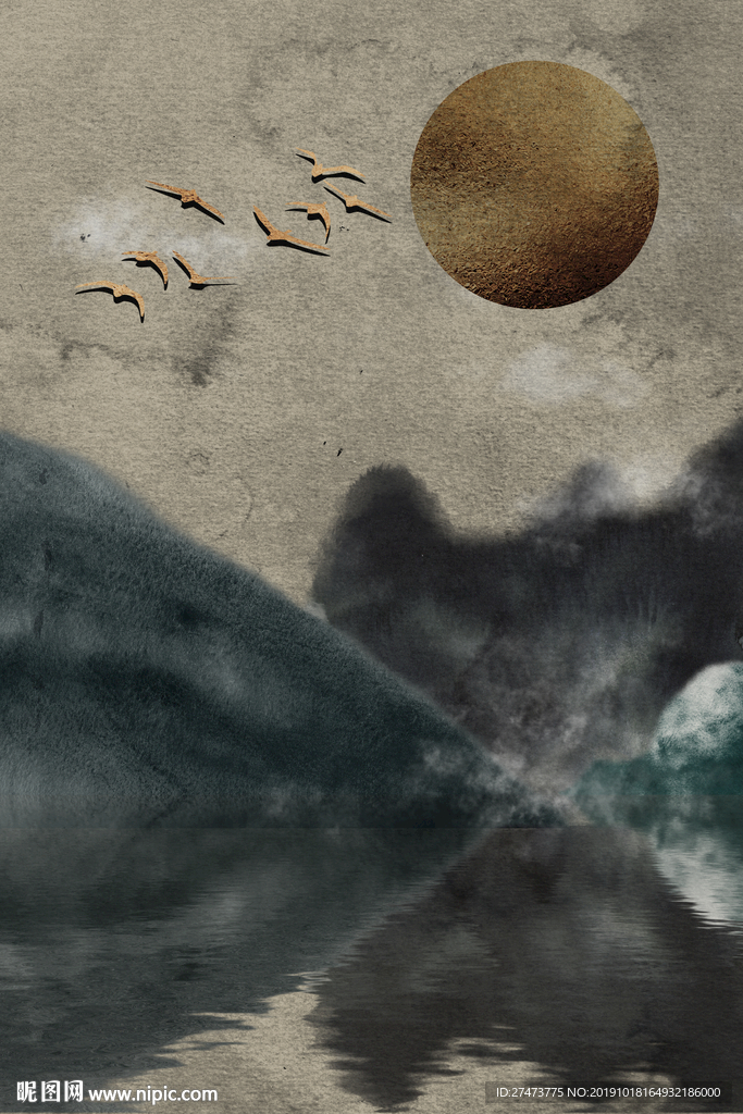 中式岩彩抽象水墨山水装饰画