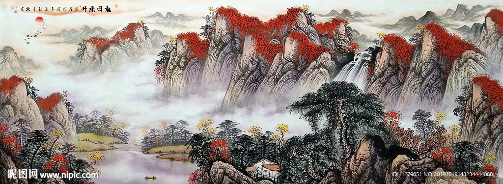 旭日东升水墨画