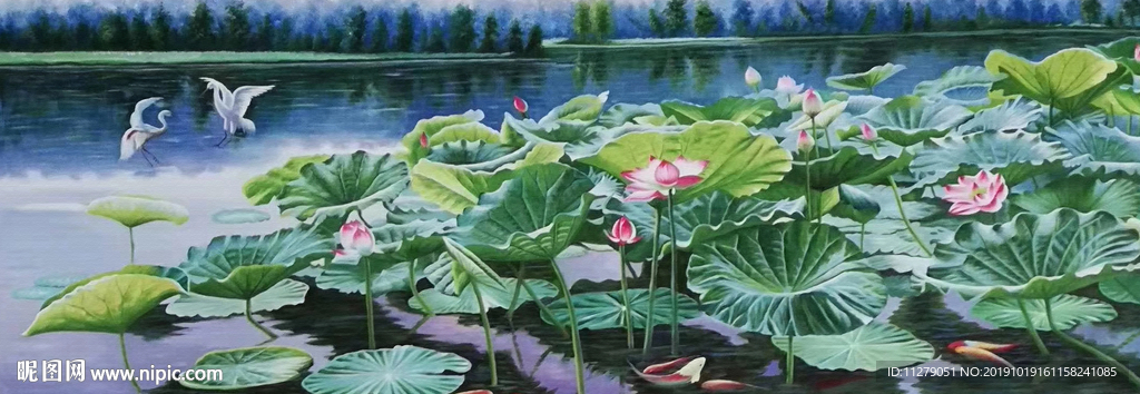 金鱼荷花油画