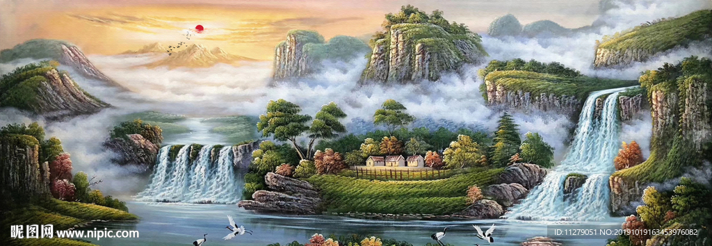 流水生财山水画