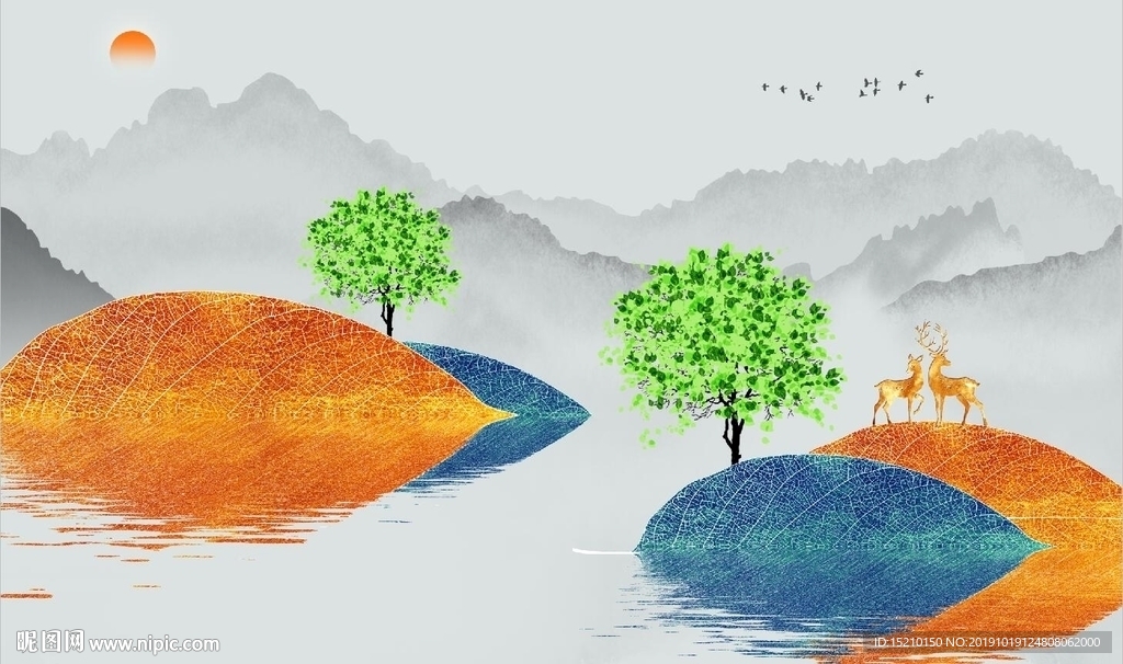 水墨山水树叶水倒影电视背景墙