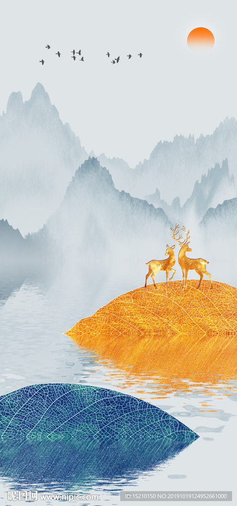 水墨山水叶子水倒影玄关背景墙