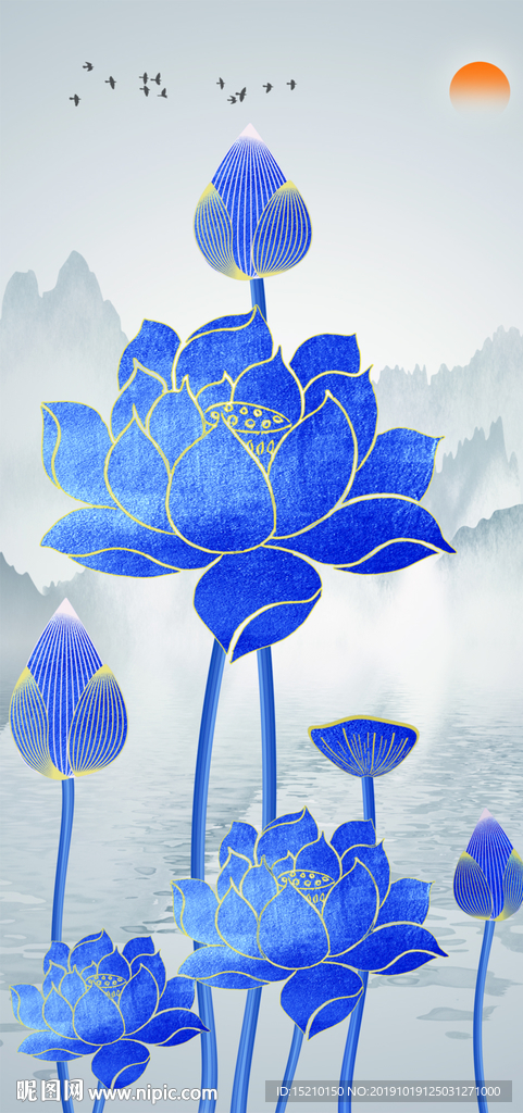 水墨山水蓝色荷花玄关背景墙