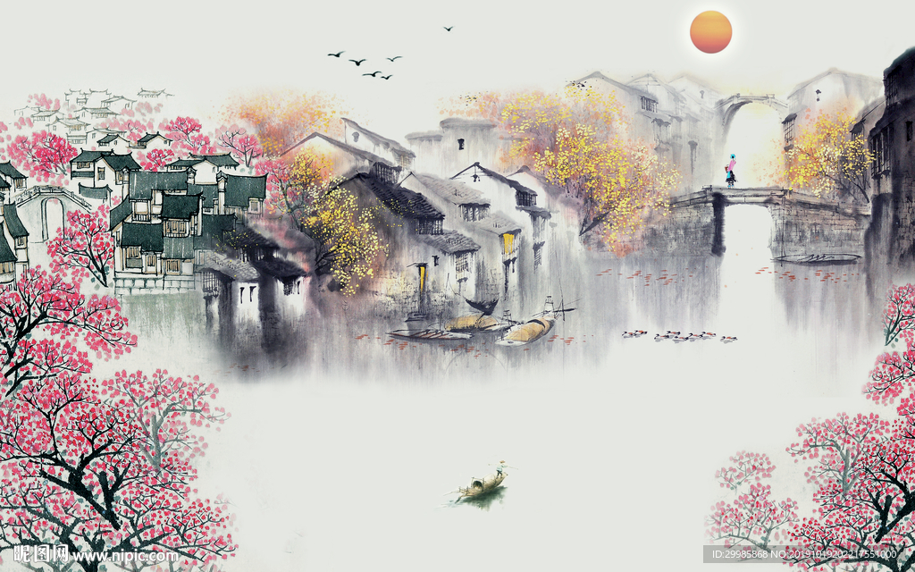 手绘江南山水画 tif分层