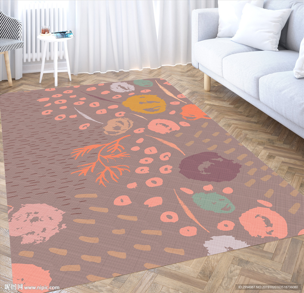 北欧风格手绘抽象花朵地毯