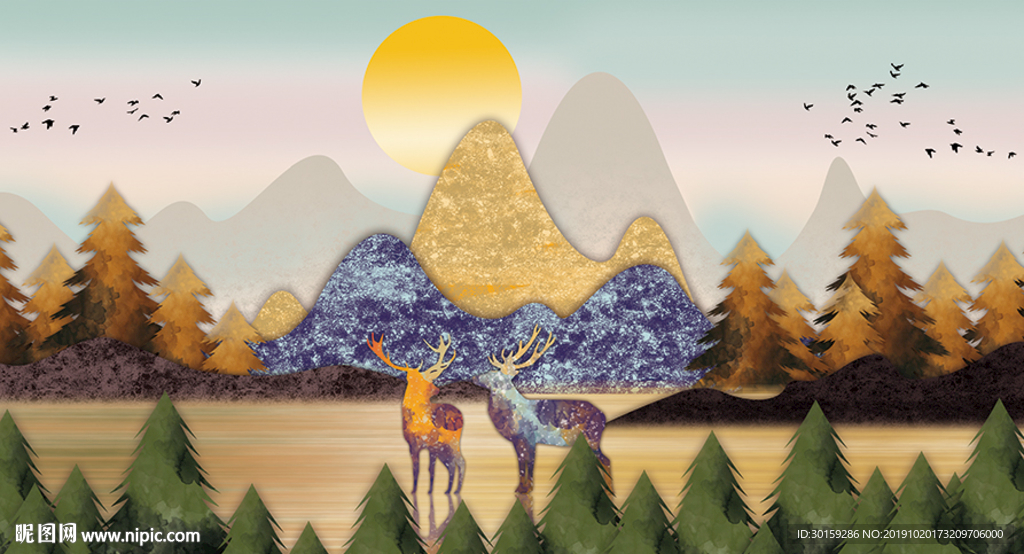 北欧抽象麋鹿风景