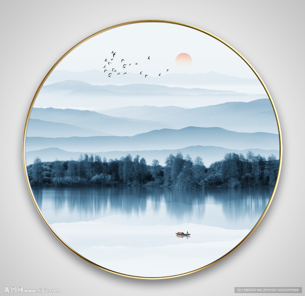 新中式山水风景画圆形装饰画