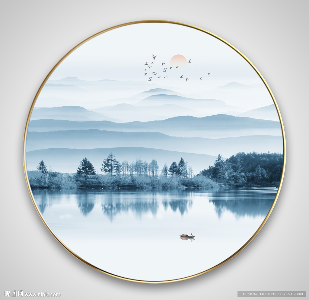 新中式山水画圆形装饰画