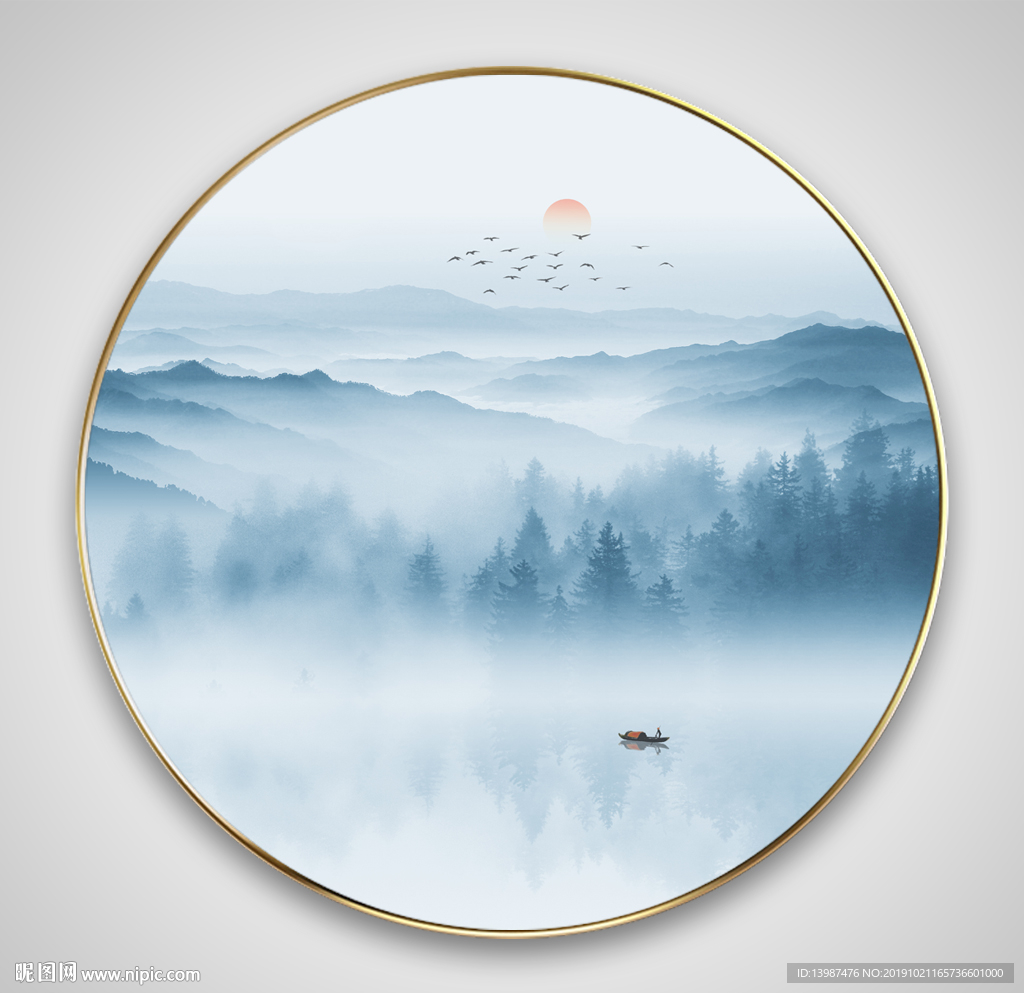 新中式圆形山水装饰画