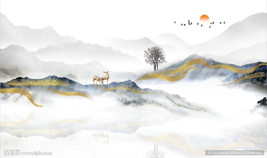 水墨山水抽象树电视背景墙