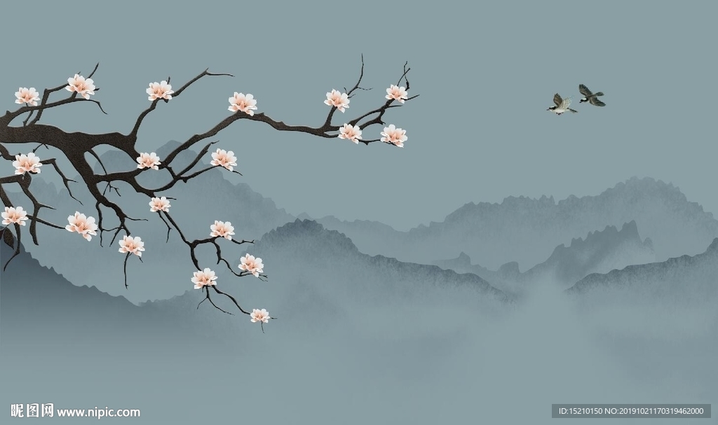 水墨山水玉兰花电视背景墙