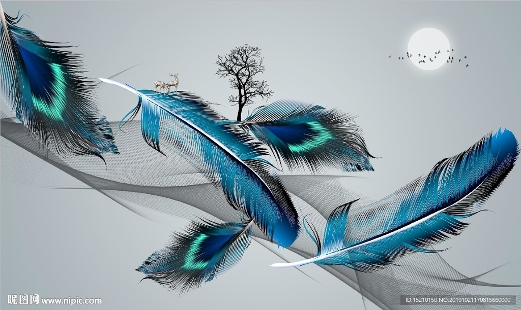 羽毛抽象树电视背景墙