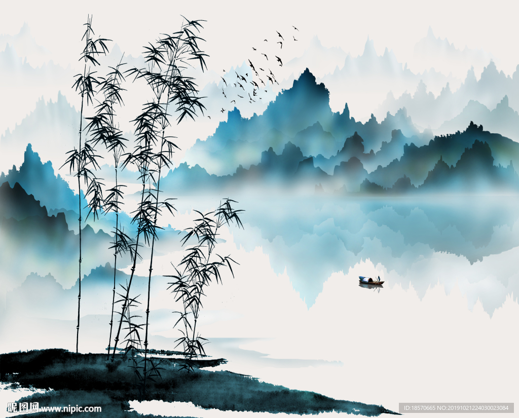 中式水墨山水壁画
