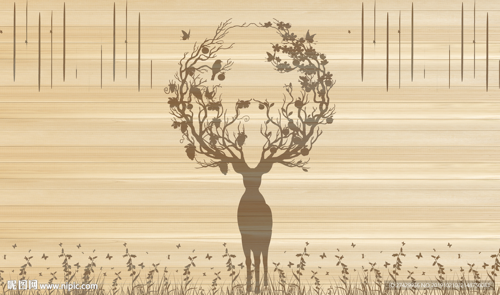 梅花鹿剪影木纹背景北欧背景墙