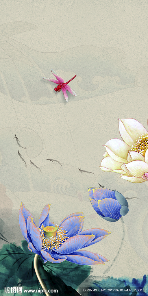 高档 荷花画背景墙 TIF分层