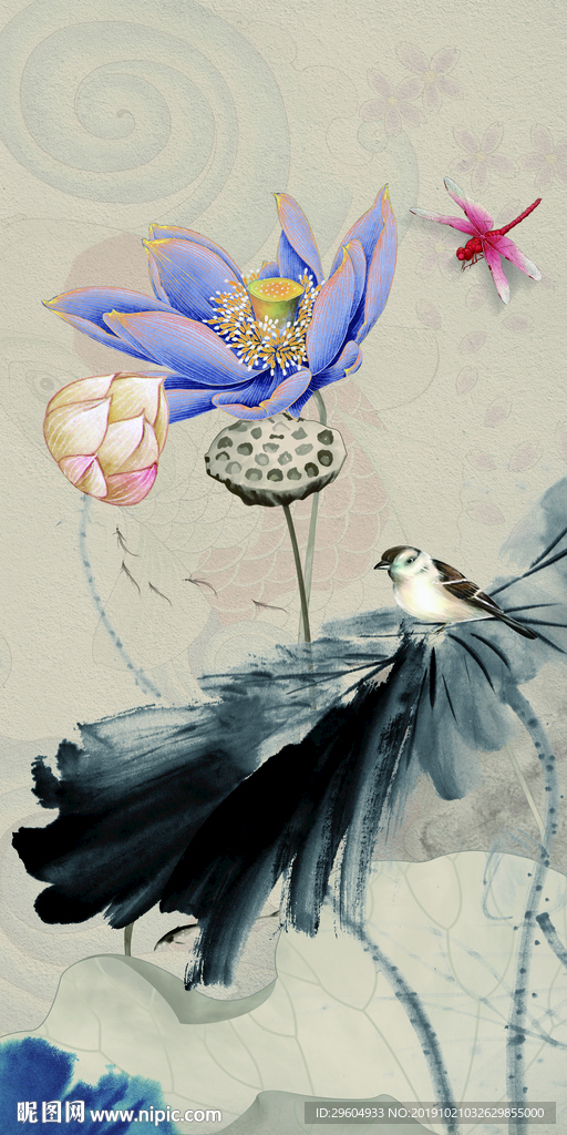 水墨荷花画背景墙 TIF分层