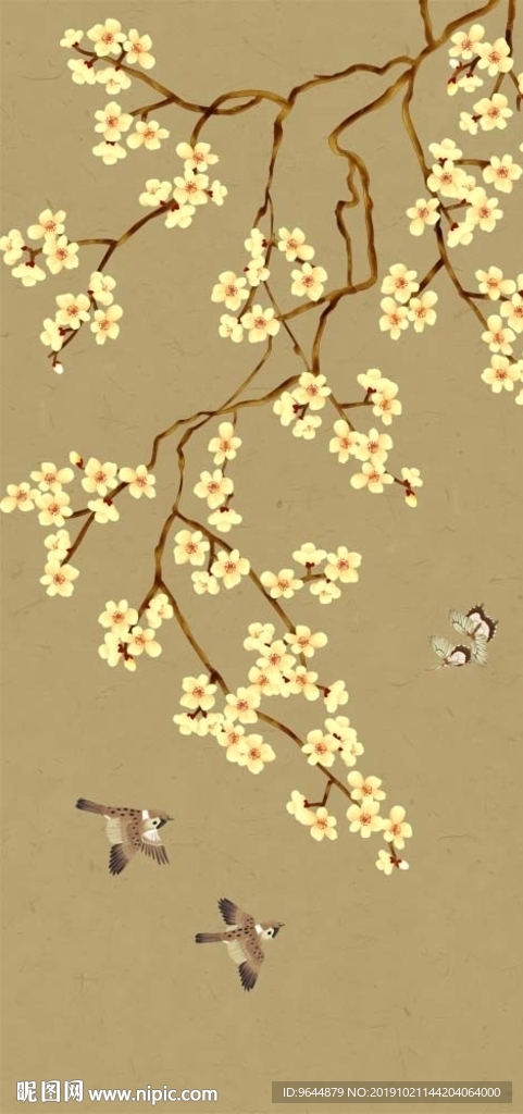 中式花鸟手绘工笔梅花玄关背景墙