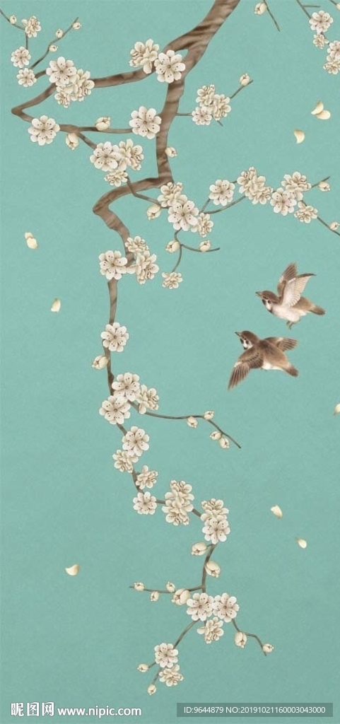 新中式手绘工笔花鸟梅花玄关壁画