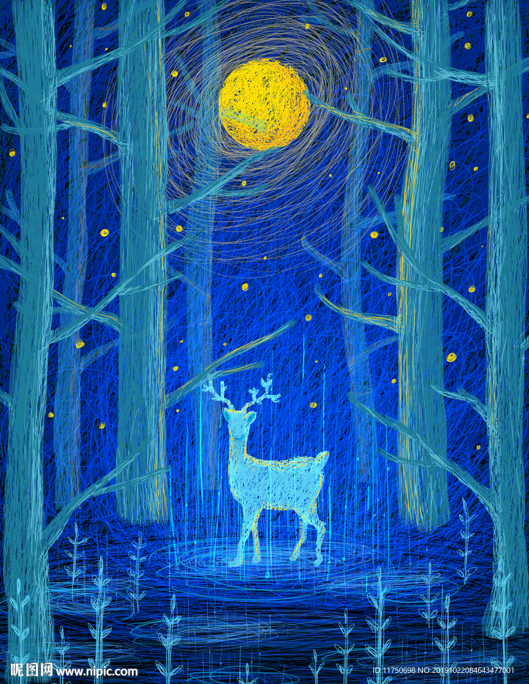 线圈插画森林与鹿梦幻原创插画