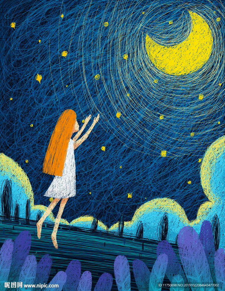 线圈星空下的女孩插画