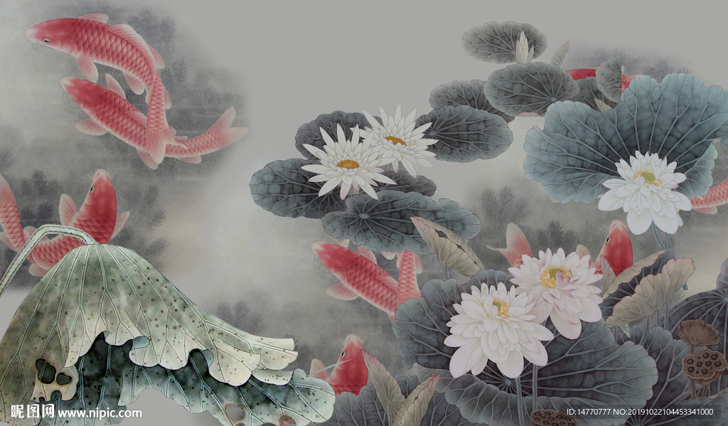 荷花鲤鱼壁画