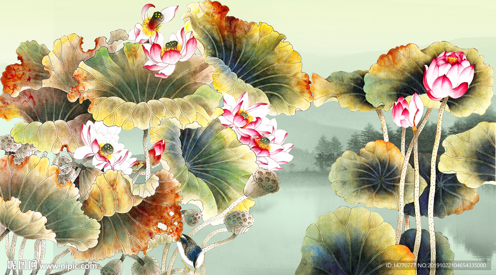 荷花壁画