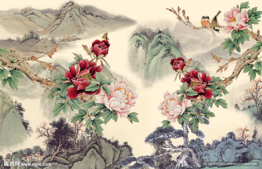 国画牡丹背景墙
