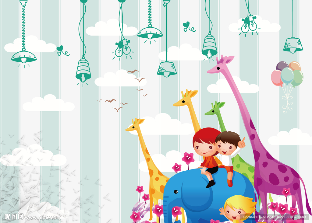 卡通手绘儿童房背景墙