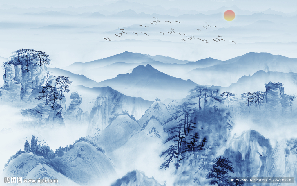 蓝色中式新山水画 tif分层