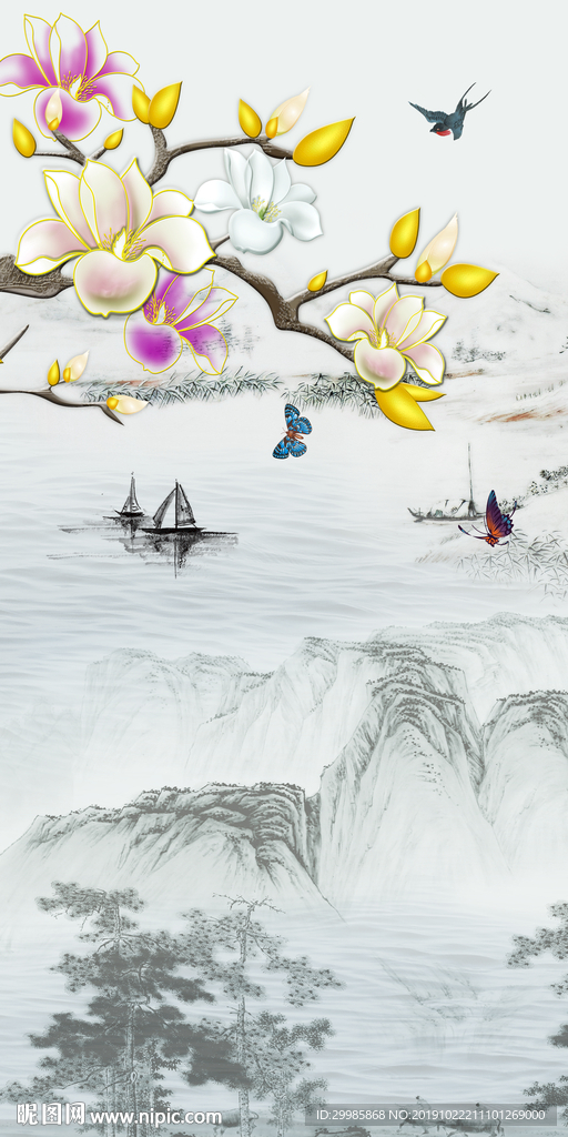 花鸟风景玄关山水 tif分层