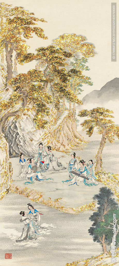 金色迎客松山水国画玄头壁画