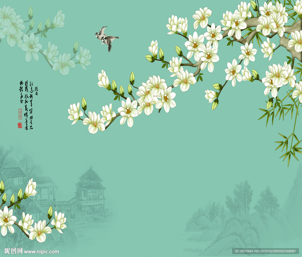 新中式花鸟壁画
