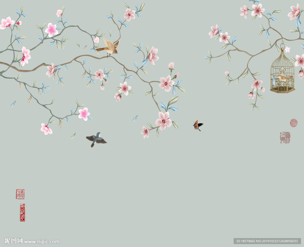 中式花鸟壁画