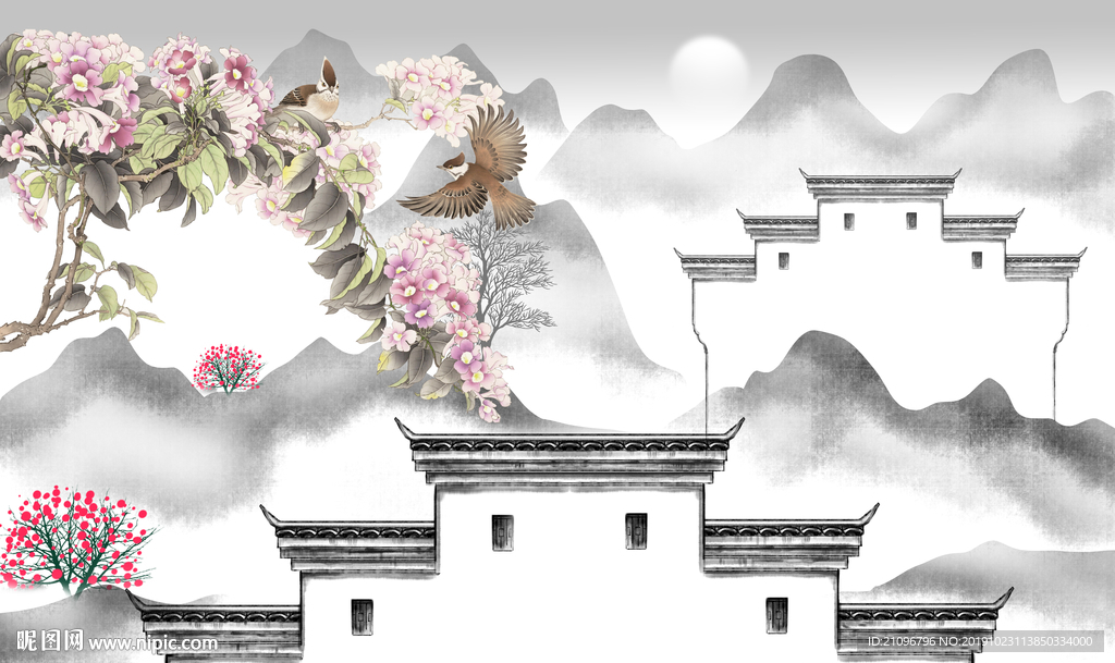 中式花鸟背景墙