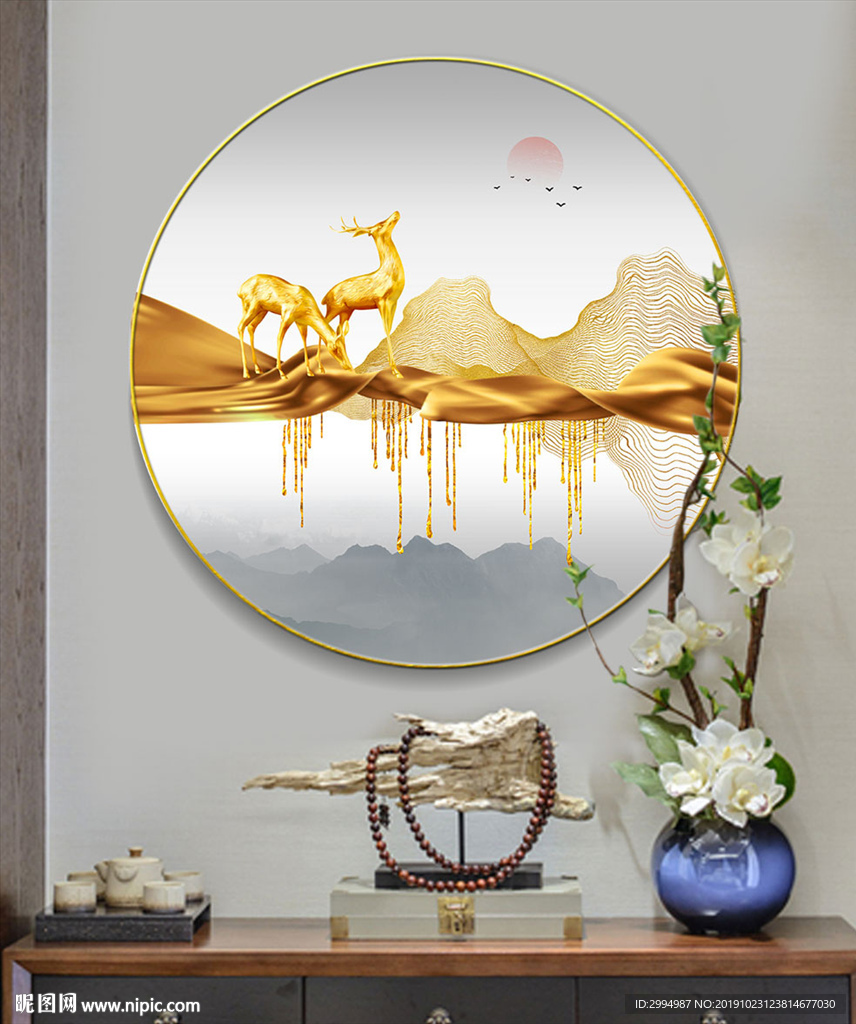 新中式山水麋鹿圆形意境装饰画