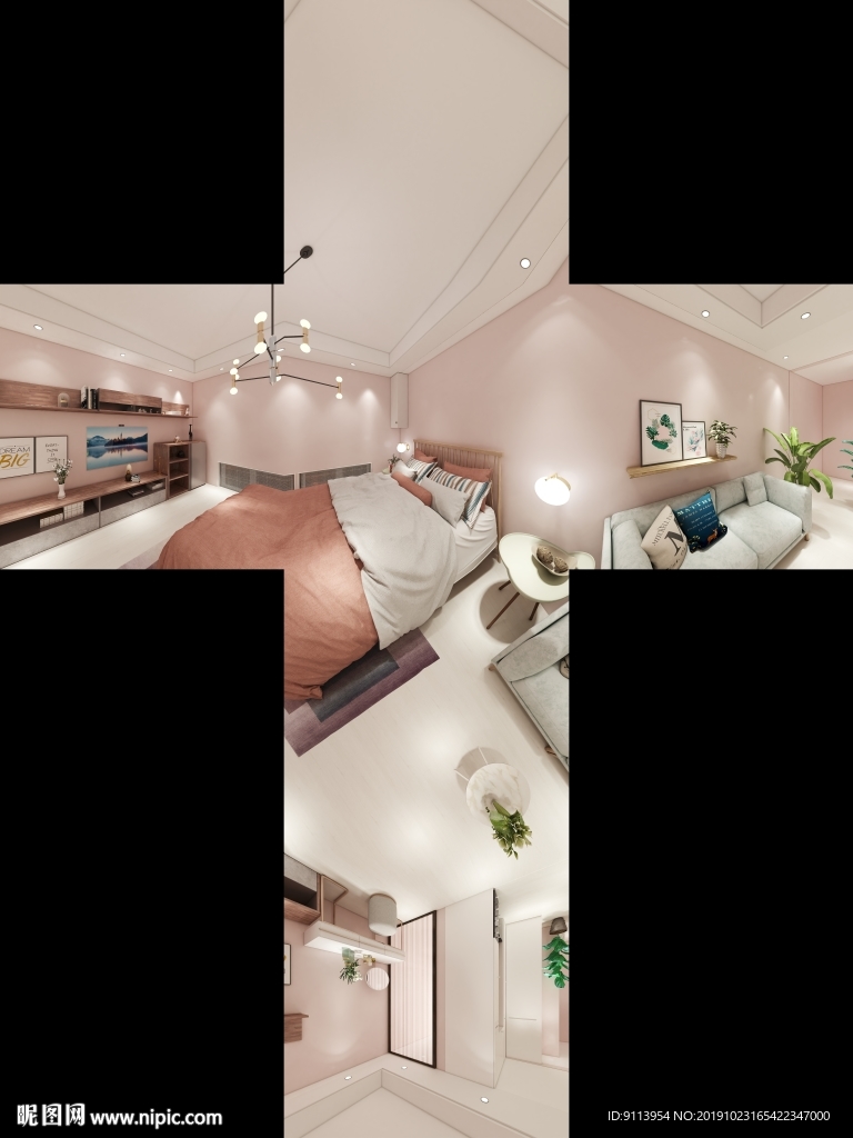 喜糖铺粉色系卧室全景效果图