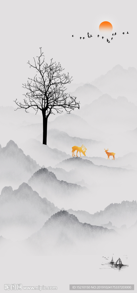 水墨山水抽象树