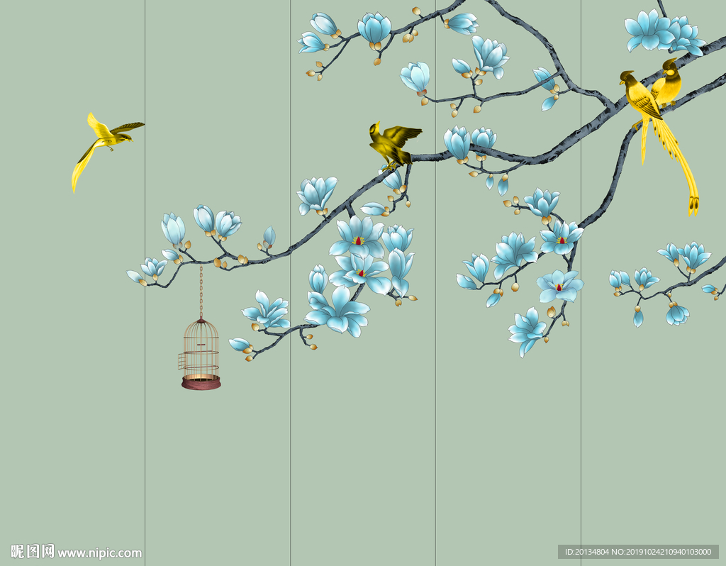 蓝色玉兰花鸟背景墙