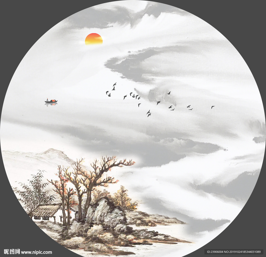 新中式装饰画 祥云山水画