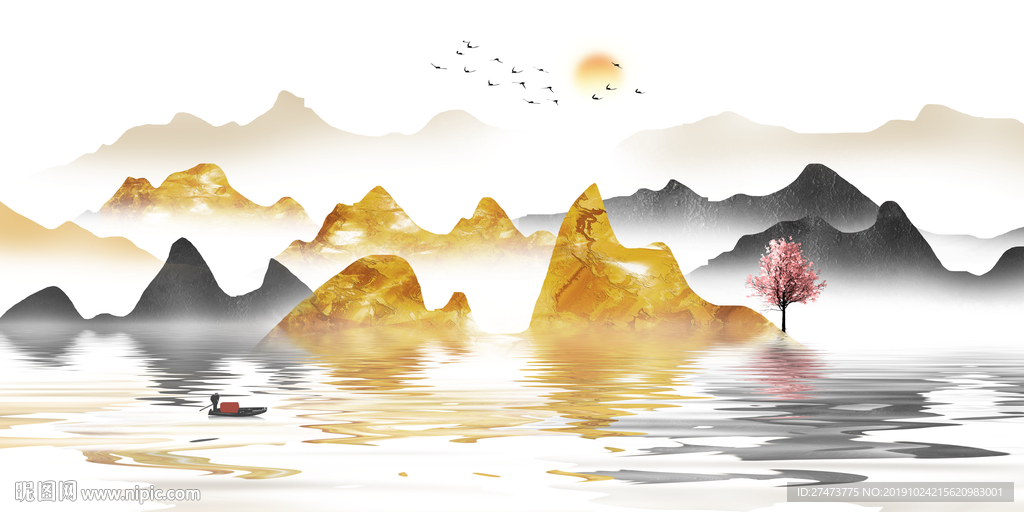 新中式意境金色水墨山水装饰画
