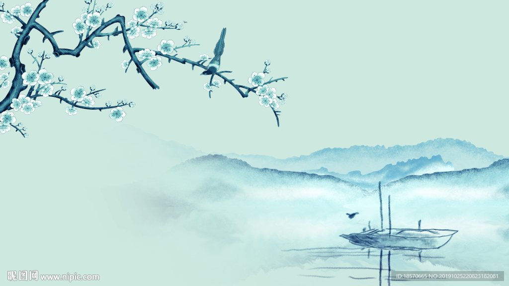 水墨花鸟壁布