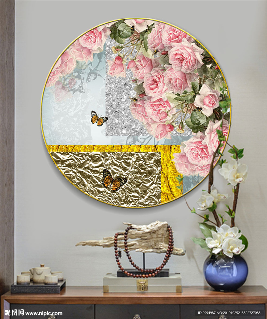 新中式玫瑰花花园圆形装饰画