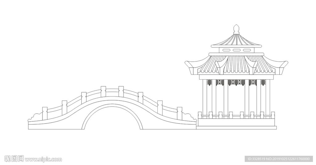 湖心亭拱桥线稿