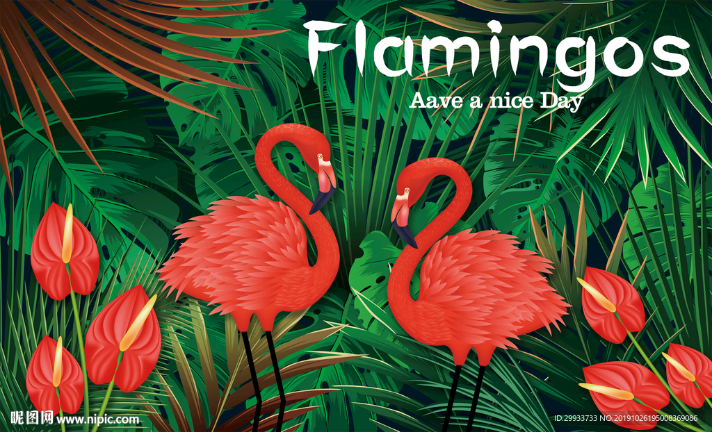 北欧热带雨林丛林植物火烈鸟背景