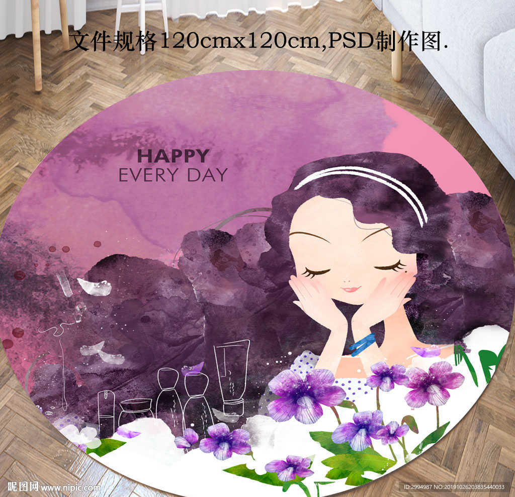 时尚圆形卡通美女地毯
