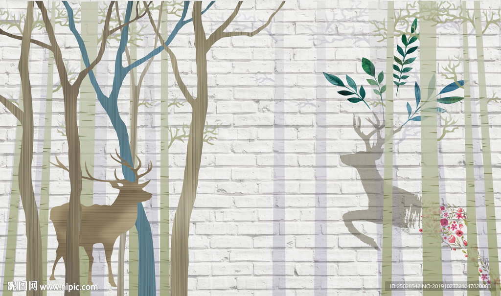 手绘北欧麋鹿电视背景墙壁画