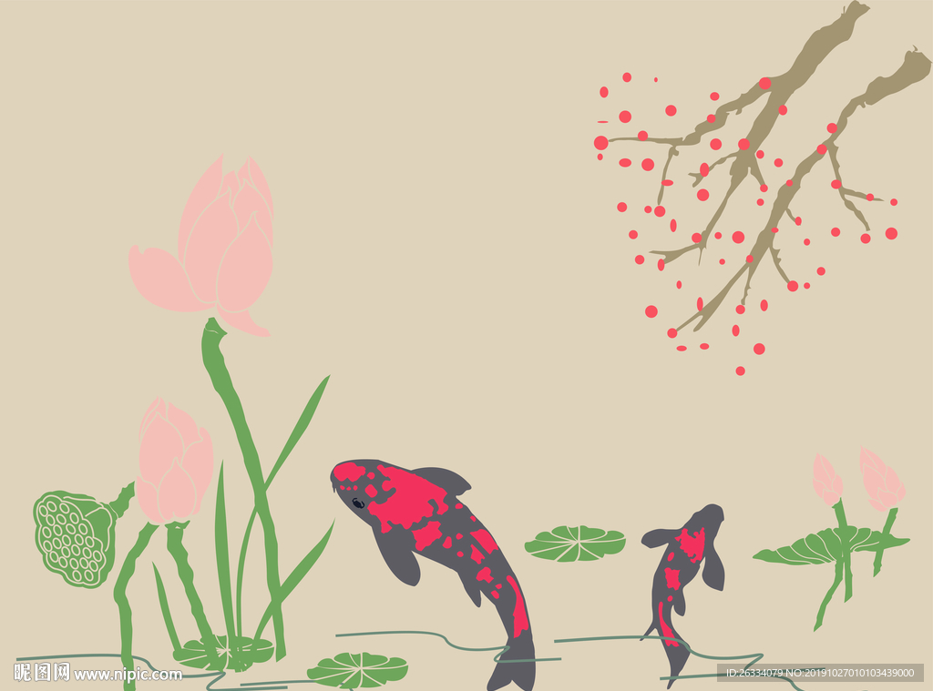 荷花 鱼 树 花 波纹