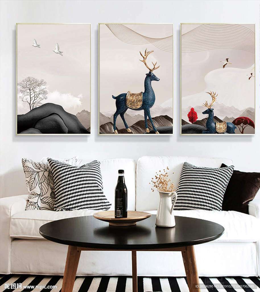 麋鹿发财树三联装饰画