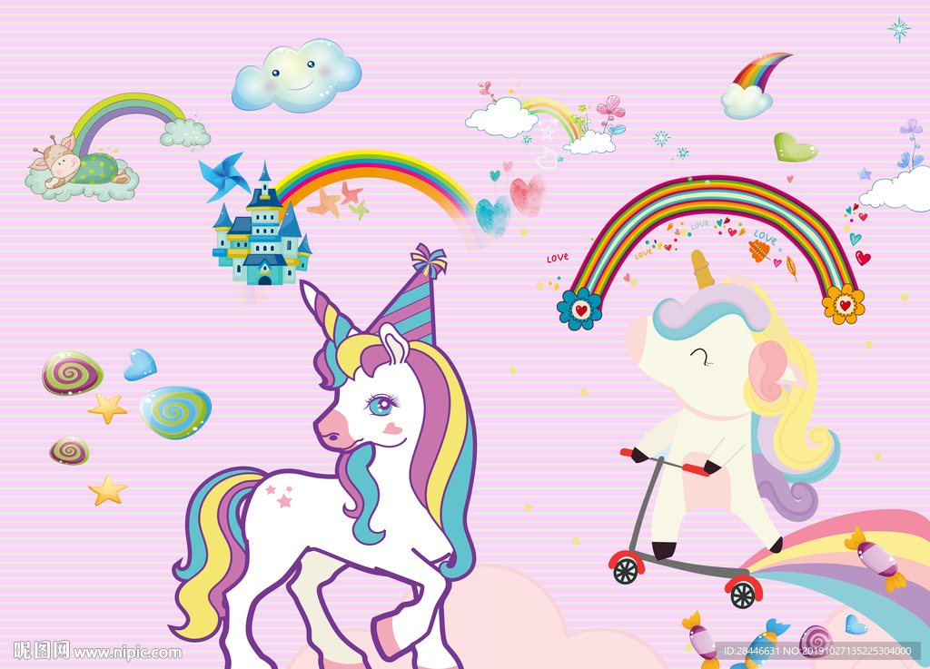 北欧卡通儿童房背景墙